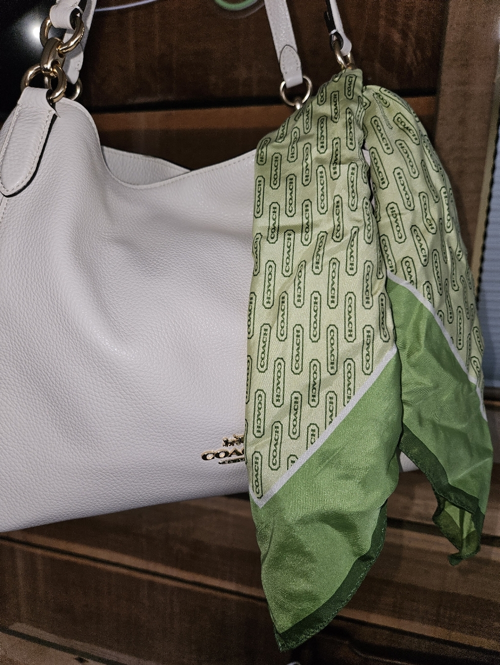 Vintage Coach White & Green  100% Silk Signature Print Scarf Neckercheif 21 X 21